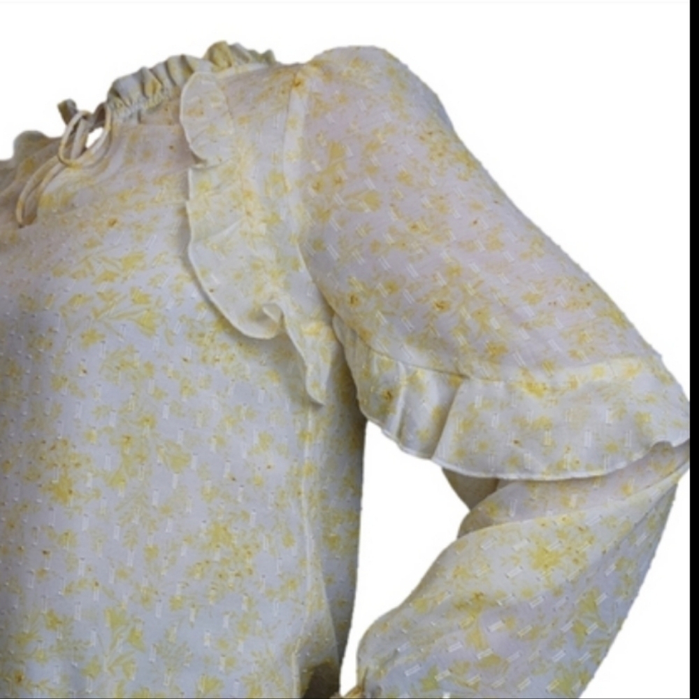 Blouse Pullover style Ruffle neckline Puff sleeves Yellow white gold RACHEL ZOE - Picture 6 of 16